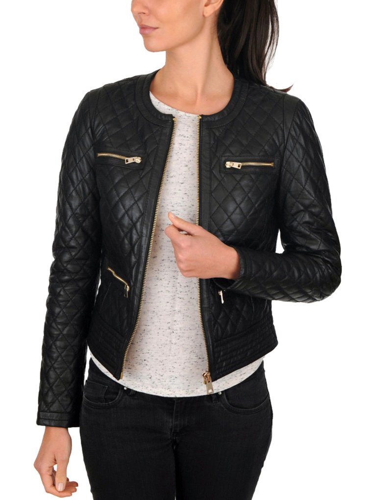 Quilted Leather Jacket For Ladies in Black With 6 Pocket
